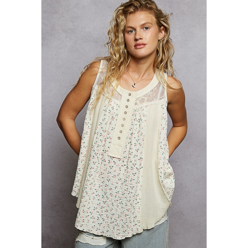POL Natural Cream Floral Sleeveless A Line Top with Button Neck - Picture 5 of 5